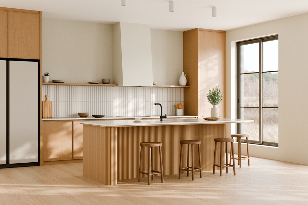 diseño de cocina moderna abierta al salón con isla central
